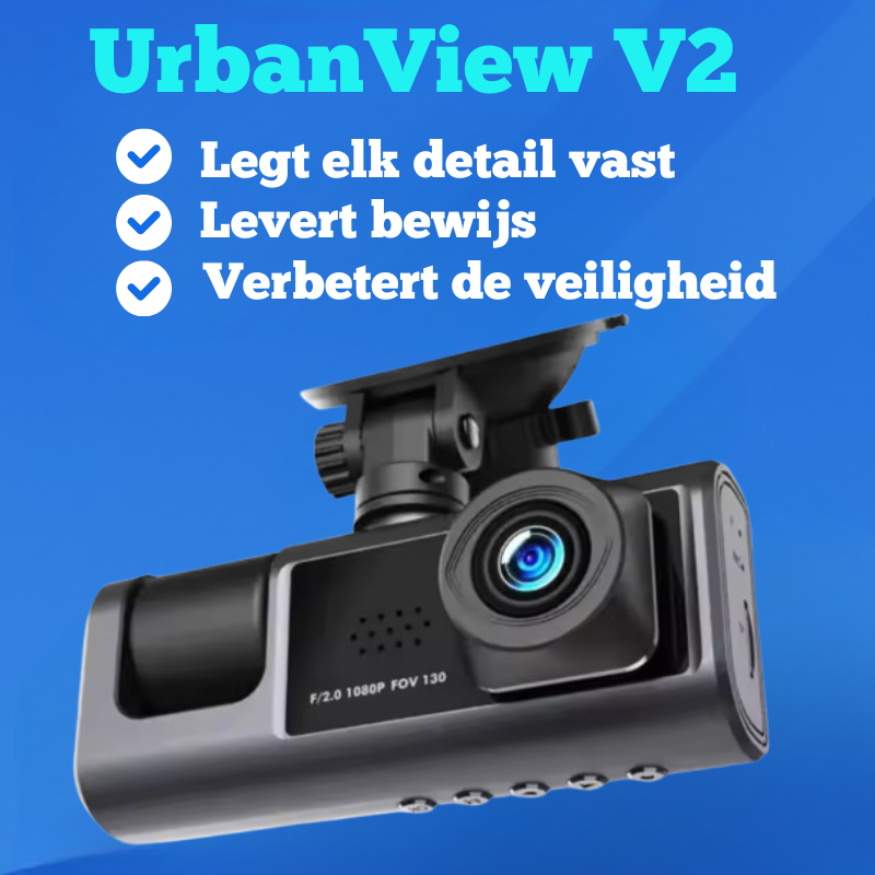 UrbanView V2 - 3-Kanaals Dashcam 1080p HD Voor-, Achter- & Interieurcamera